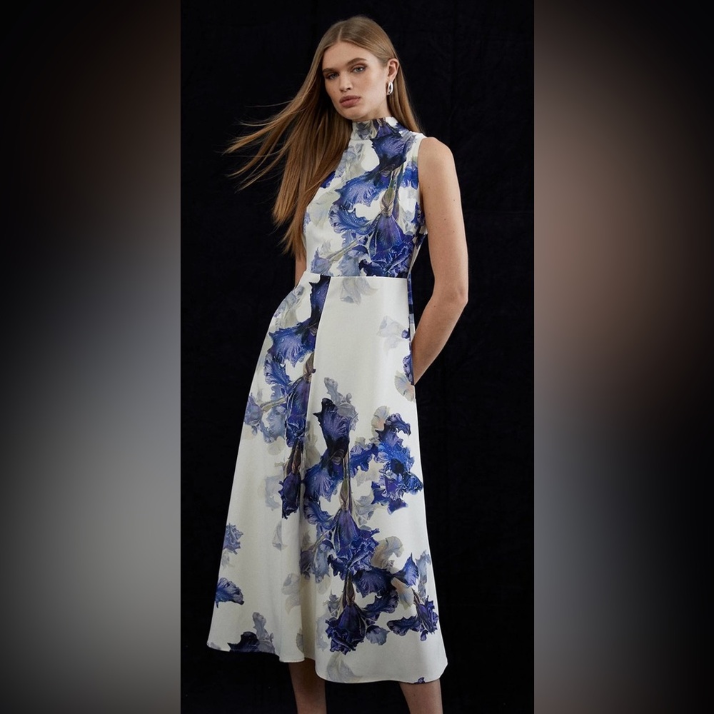 Karen Millen Tailored Crepe Floral Print Tie Mockneck Dress